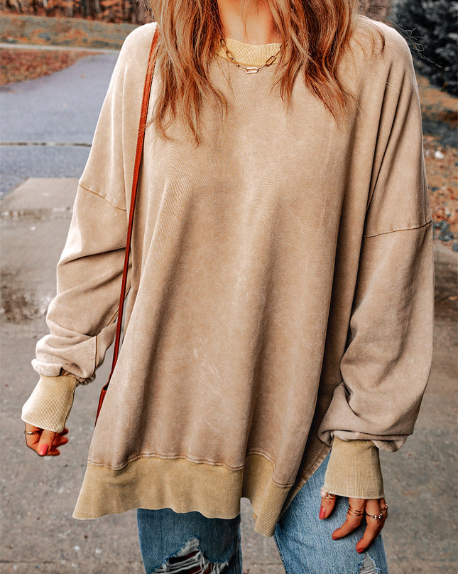 Khaki Plain Drop Shoulder Ribbed Trim Oversized Sweatshirt