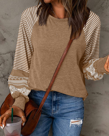 Rose Red Contrast Print Striped Raglan Long Sleeve Loose Top
