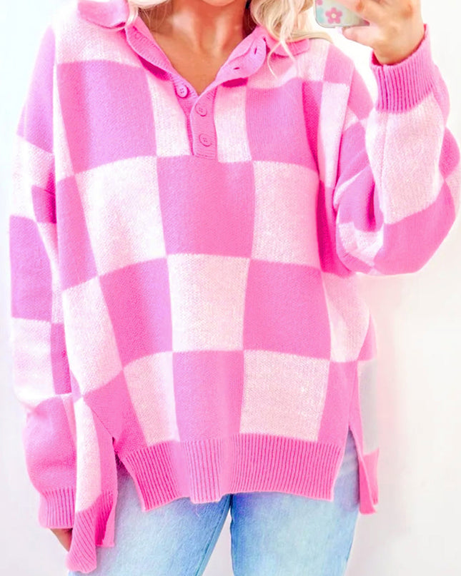 Pink Checkered Button Collared Sweater