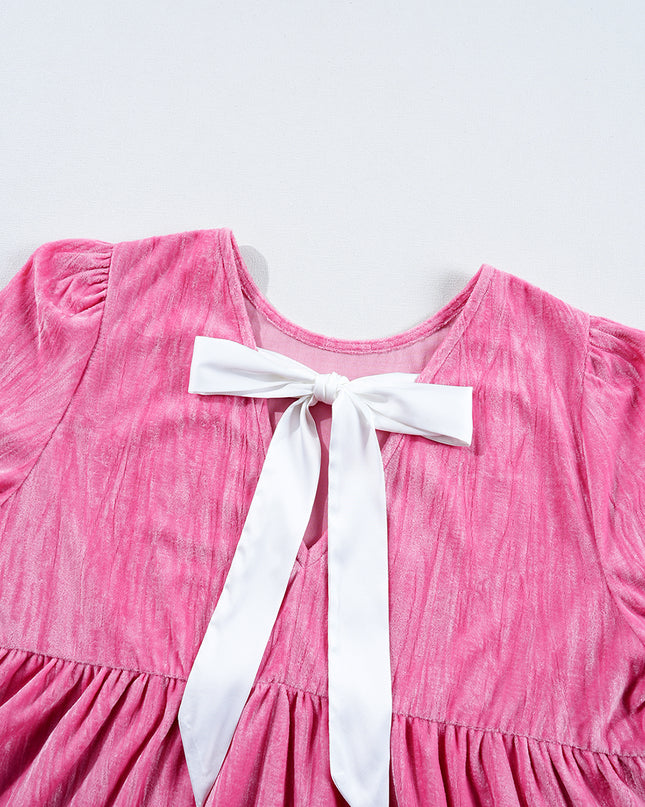 Strawberry Pink Flounce Sleeve Tiered Ruffled Velvet Mini Dress