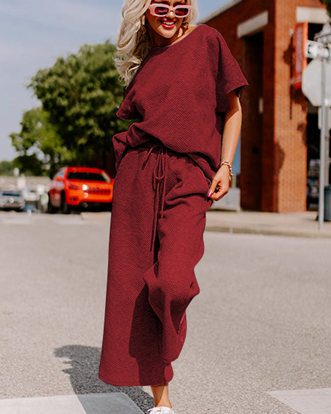Black Textured Loose Fit T Shirt and Drawstring Pants Set