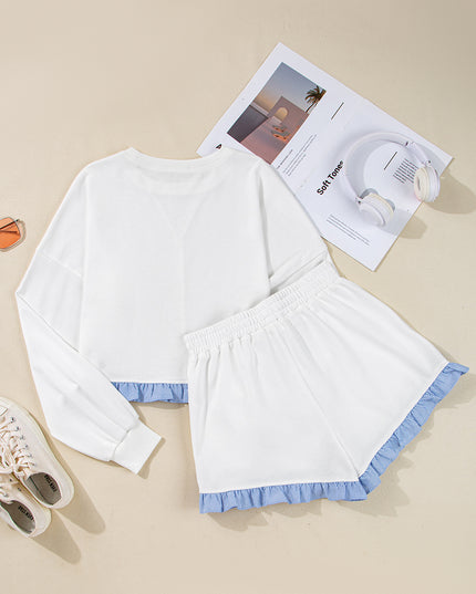 White Striped Ruffle Hem Long Sleeve Pullover and Shorts Set