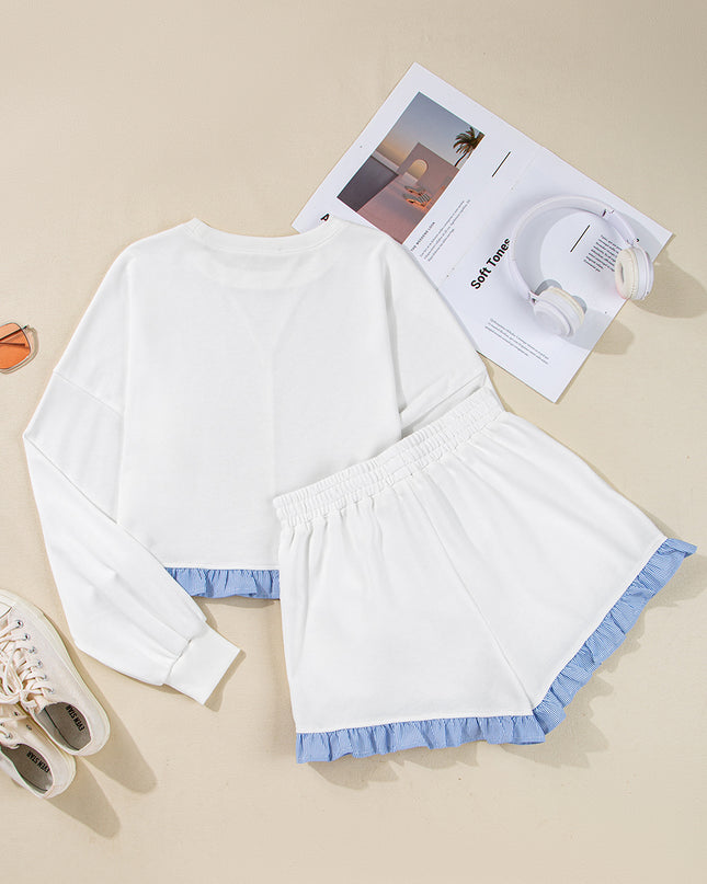 White Striped Ruffle Hem Long Sleeve Pullover and Shorts Set