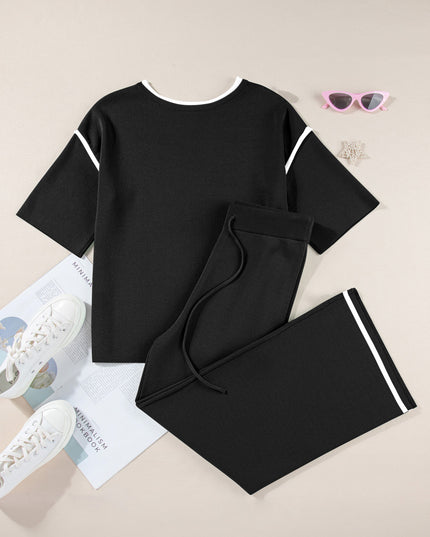 Navy Blue Loose Contrast Trim Half Sleeve Top and Drawstring Pants Set