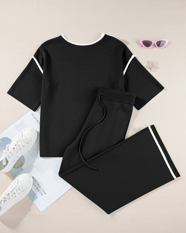Navy Blue Loose Contrast Trim Half Sleeve Top and Drawstring Pants Set