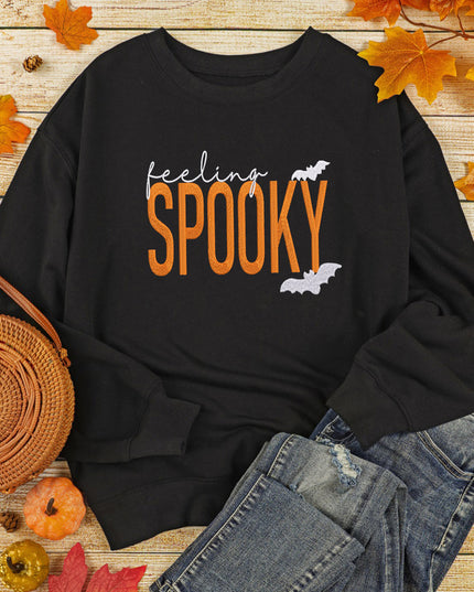 Feeling Spooky Halloween Sweatshirt – Embroidered Graphic Oversized Black Pullover