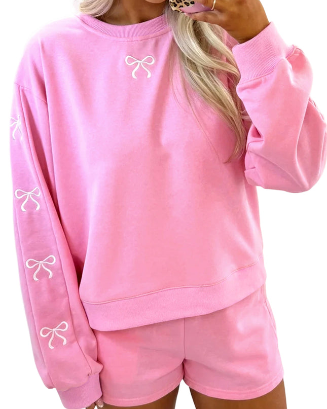 Light Grey Bow Embroidery Long Sleeve Pullover and High Waist Shorts Set