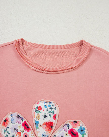 Peach Blossom Flower Applique Patchwork Drop Sleeve Pullover Sweatshirt