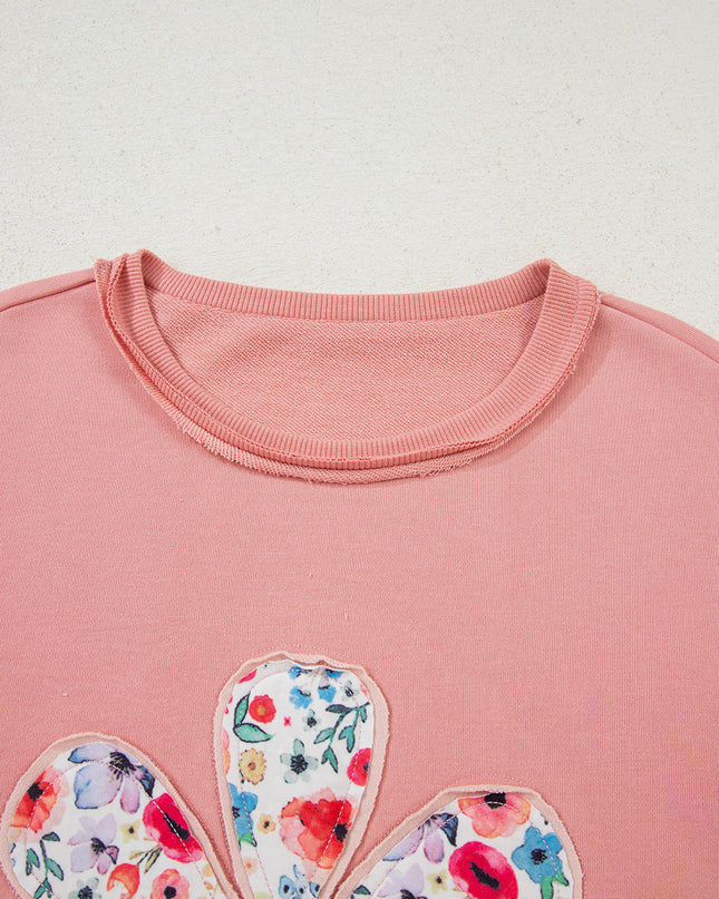 Peach Blossom Flower Applique Patchwork Drop Sleeve Pullover Sweatshirt