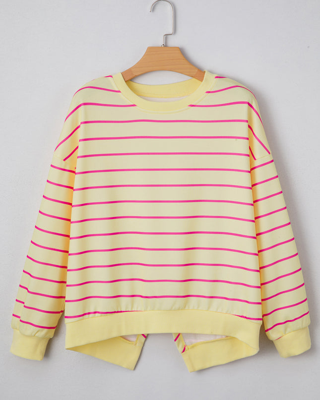 Blue Striped Overlap Detail Drop Shoulder Pullover Sweatshirt