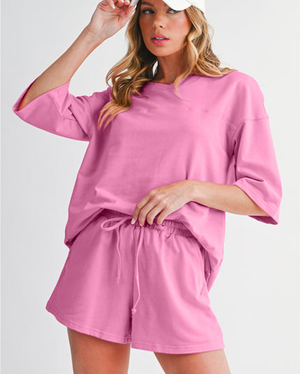 Bonbon Loose V Neck Tee and Drawstring Shorts Set