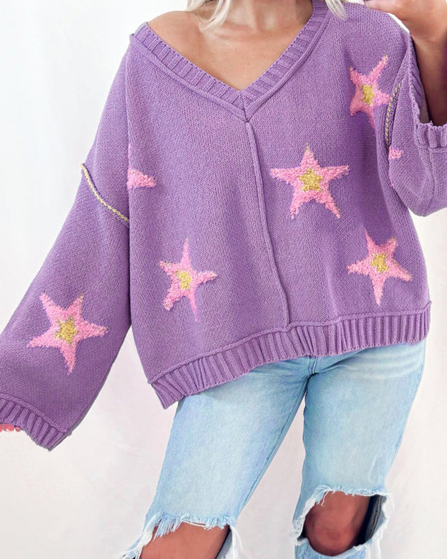 Lavendula Brushed Star Graphic V Neck Drop Shoulder Oversize Sweater