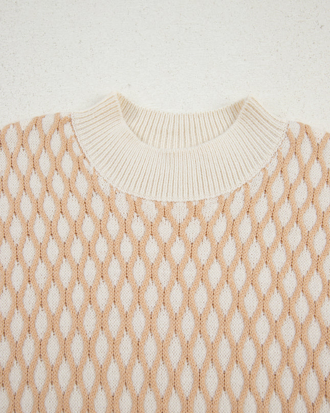 Smoke Gray Checkered Textured Knit Mock Neck Sweater