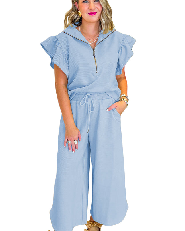 Beau Blue Textured Ruffle Sleeve Zipped Top and Wide Leg Pants Set