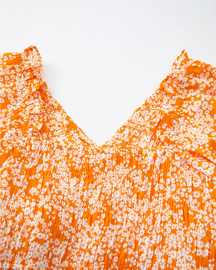 Orange Floral Print Smocked V Neck Bell Sleeve Maxi Dress