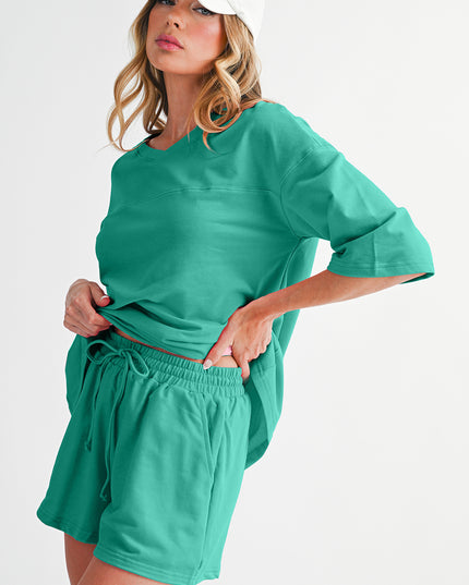Bonbon Loose V Neck Tee and Drawstring Shorts Set