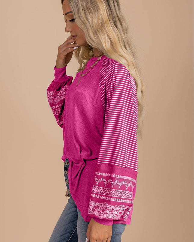 Rose Red Contrast Print Striped Raglan Long Sleeve Loose Top