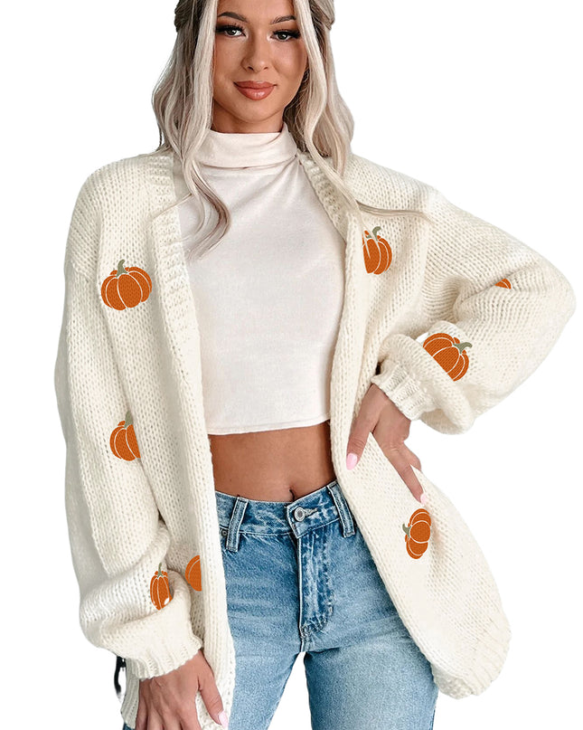 White Pumpkin Print Open Front Drop Shoulder Knit Cardigan