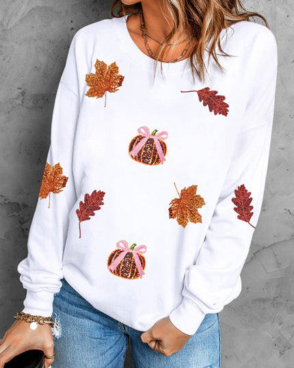 White Fall Leaf Bow Pumpkin Sequin Patched Baggy Sweatshirt