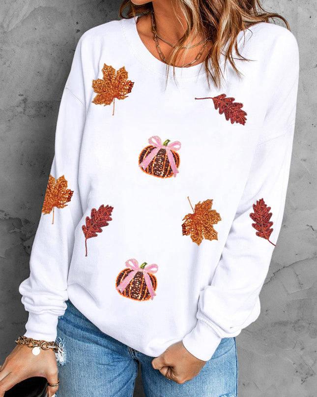 White Fall Leaf Bow Pumpkin Sequin Patched Baggy Sweatshirt