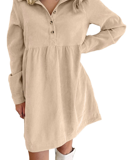Oatmeal Corduroy Half Button Collared Long Sleeve Mini Dress