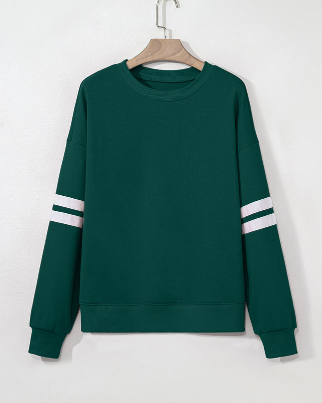 Fiery Red Preppy Striped Sleeve Loose Sweatshirt