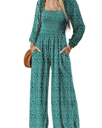 Green Floral Print Shirred Bodice Square Neck Wide Leg Jumpsuit