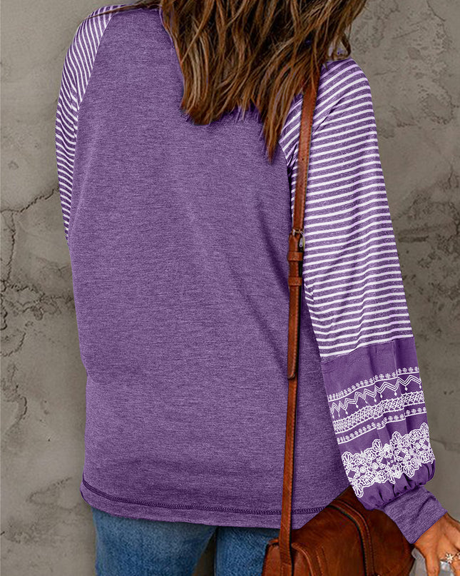Rose Red Contrast Print Striped Raglan Long Sleeve Loose Top