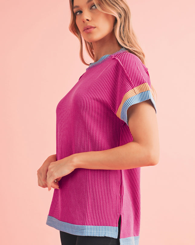 Rose Red Textured Colorblock Round Neck T Shirt
