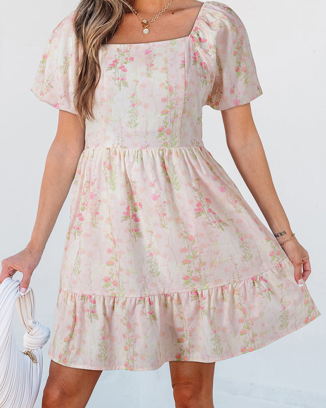 Pink Floral Puff Sleeve Square Neck Knotted Backless Ruffle Mini Dress