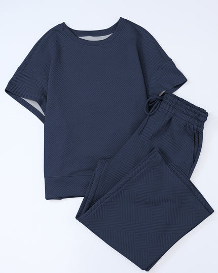 Black Textured Loose Fit T Shirt and Drawstring Pants Set