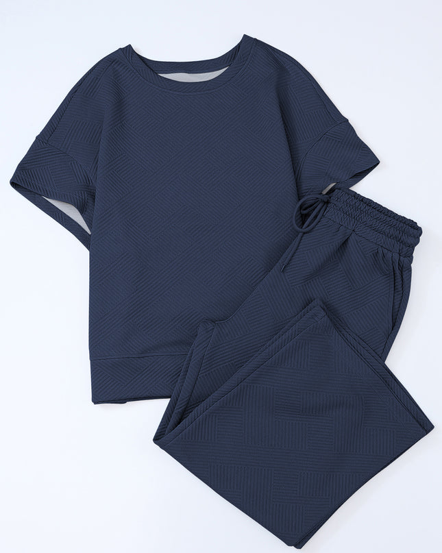 Black Textured Loose Fit T Shirt and Drawstring Pants Set