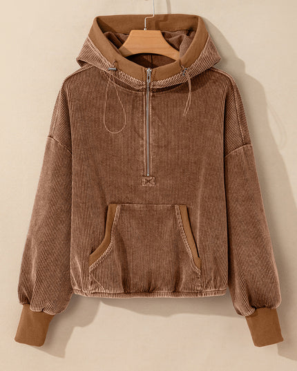 Chestnut Half Zipper Kangaroo Pocket Drawstring Corduroy Hoodie
