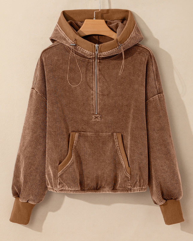 Chestnut Half Zipper Kangaroo Pocket Drawstring Corduroy Hoodie