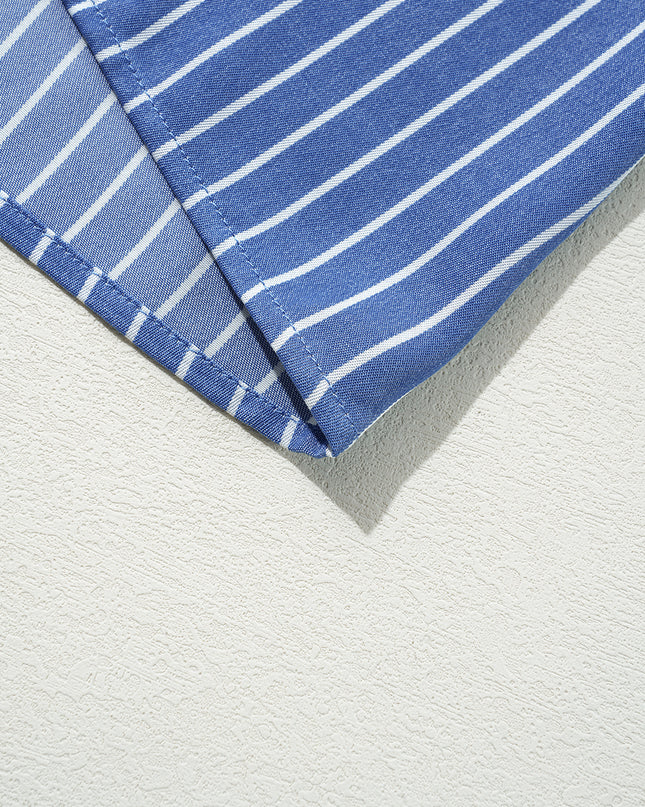 Sky Blue Stripe Frilly Split Neck Shirred Ruffle Sleeve Mini Shift Dress