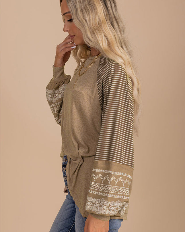 Rose Red Contrast Print Striped Raglan Long Sleeve Loose Top
