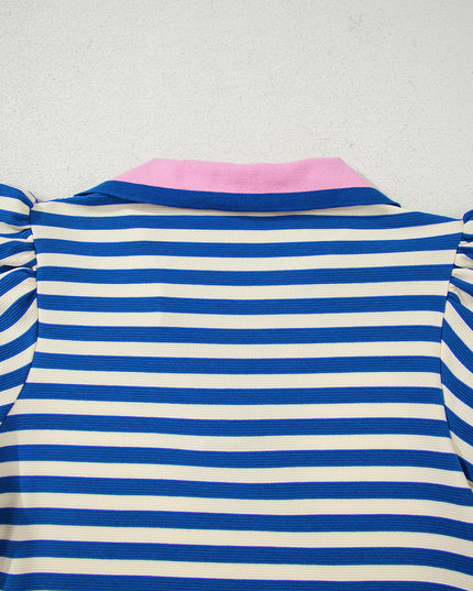 Green Striped Ruffle Short Sleeve Pop of Color Neckline Dress