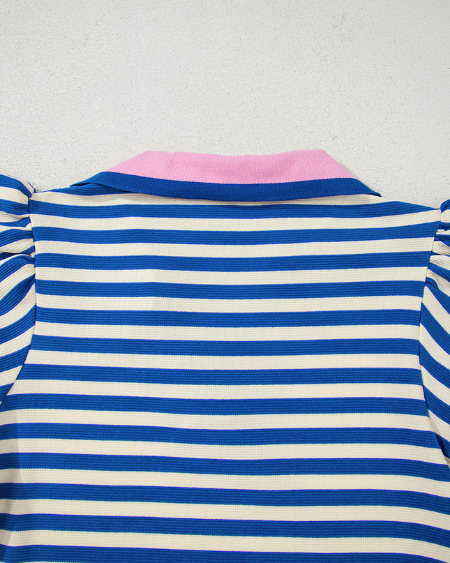 Green Striped Ruffle Short Sleeve Pop of Color Neckline Dress