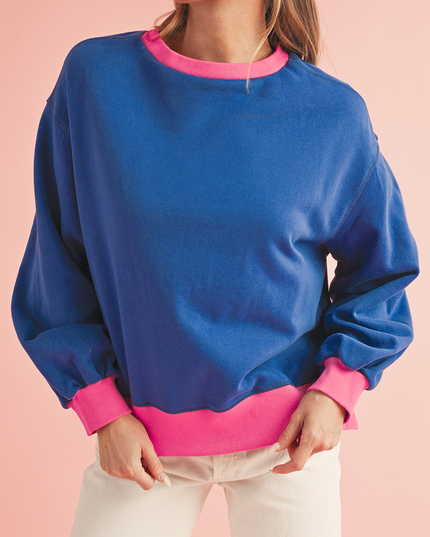Blue Contrast Trim Bubble Sleeve Sweatshirt