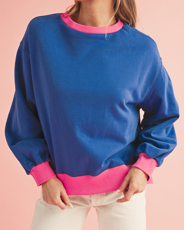 Blue Contrast Trim Bubble Sleeve Sweatshirt