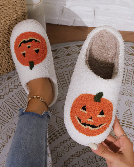 White Halloween Pumpkin Print Plush Slippers
