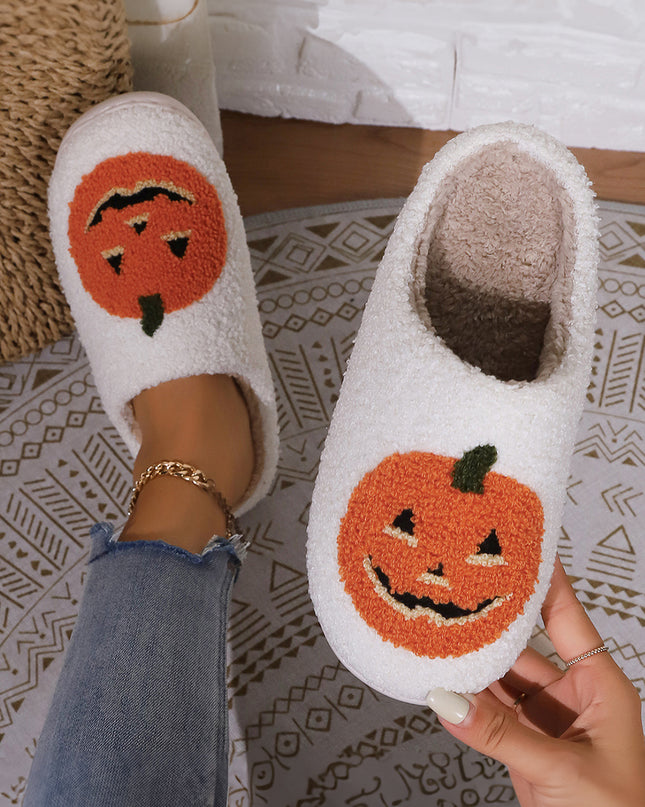 White Halloween Pumpkin Print Plush Slippers