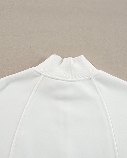 White Zipper Collared Drop Shoulder Plain Sweatshirt