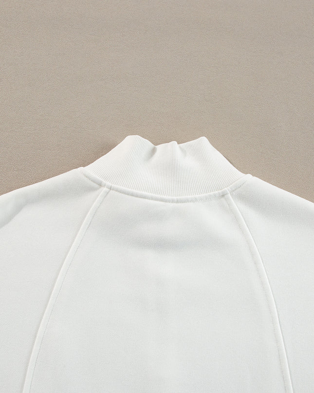 White Zipper Collared Drop Shoulder Plain Sweatshirt