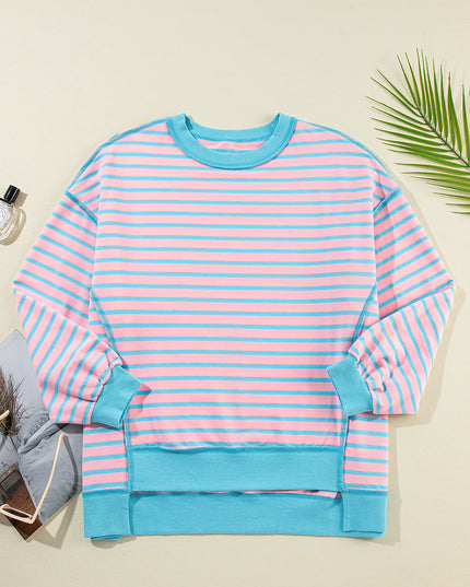 Pink Stripe Contrast Trim High Low Tunic Sweatshirt