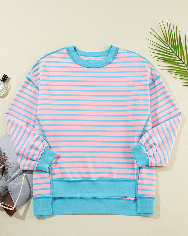 Pink Stripe Contrast Trim High Low Tunic Sweatshirt