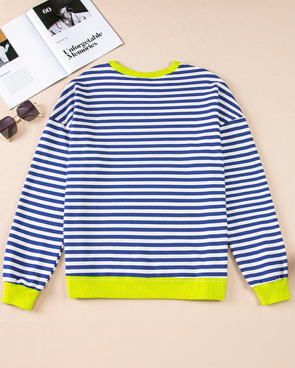 Blue Striped Contrast Trim Drop Shoulder Sweatshirt