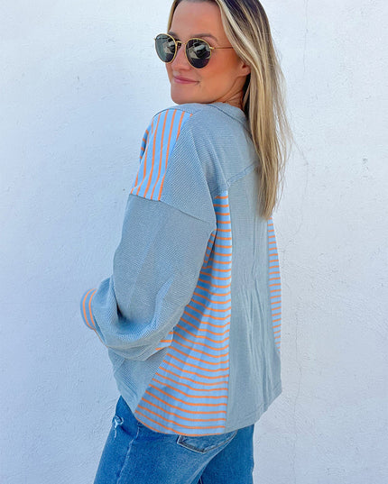 Meadow Mist Green Exposed Seam Waffle Striped Patchwork Baggy Pullover