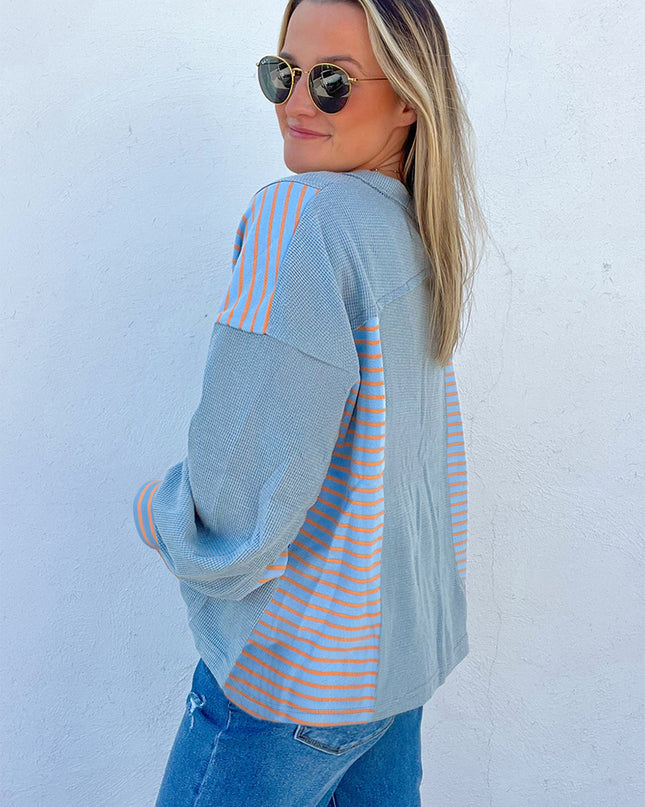 Meadow Mist Green Exposed Seam Waffle Striped Patchwork Baggy Pullover