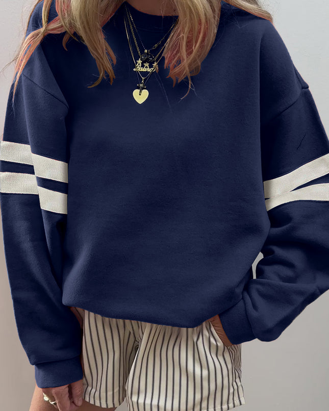 Fiery Red Preppy Striped Sleeve Loose Sweatshirt